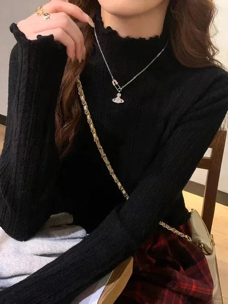 Pull tricoté à manches longues et col roulé pour femme, couleur unie, à volants, décontracté, nouvel