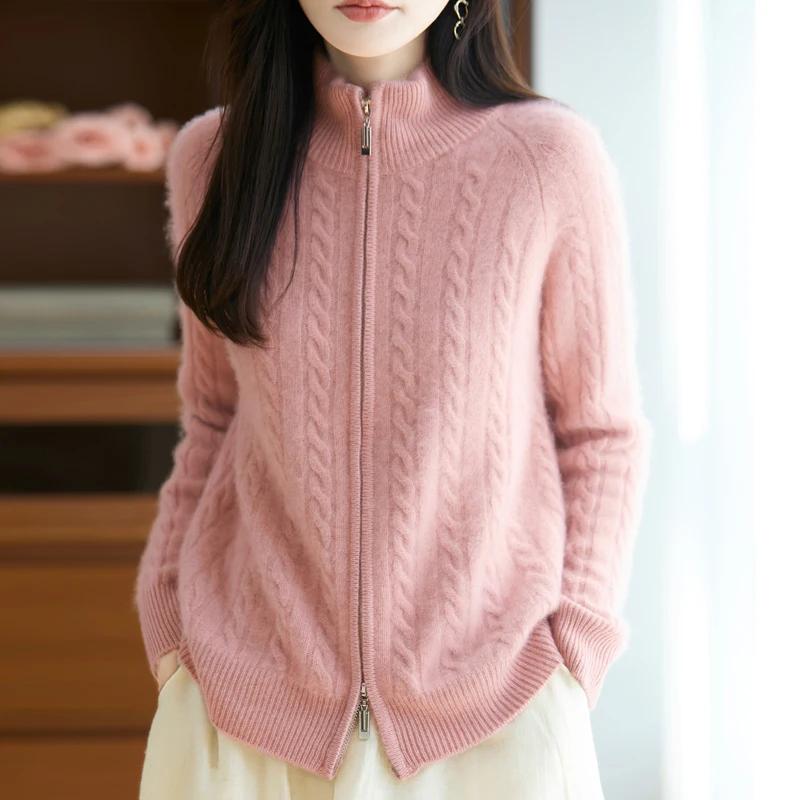 Cardigan 100% laine mérinos avec fermeture éclair pour femme, pull à câble épais, tricot chaud, vête