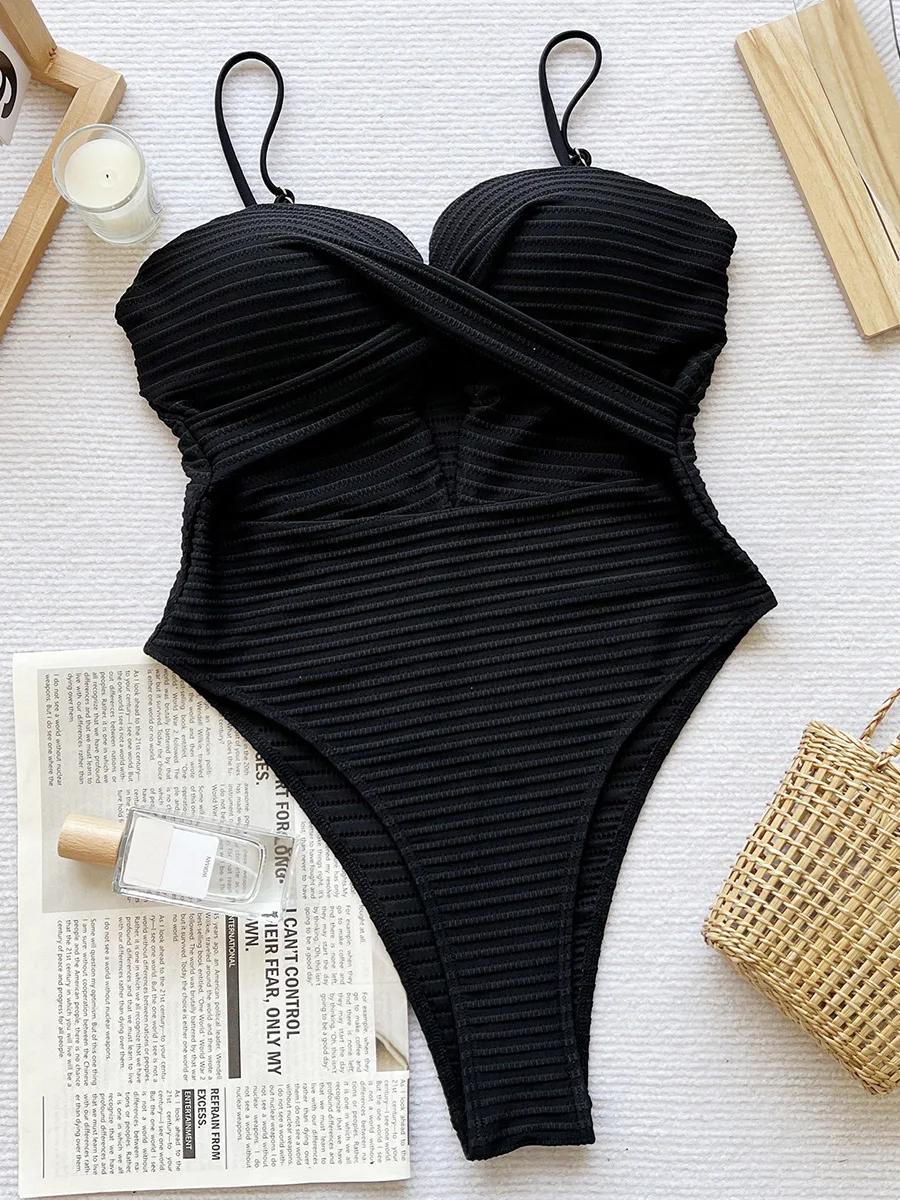 Monokini femme 2026 à bonnets sculptés et coupe haute - Maillot de bain une pièce froncé plage