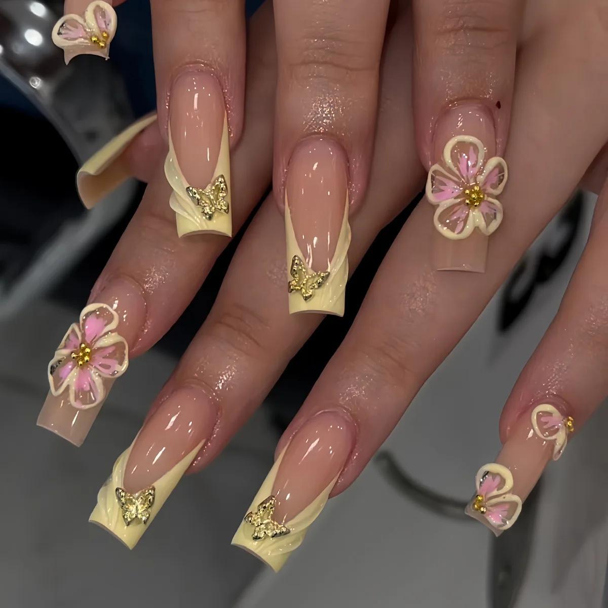 Faux ongles en forme de cercueil, longs et frais, jaune, Style français, fleur imprimée, motifs papi