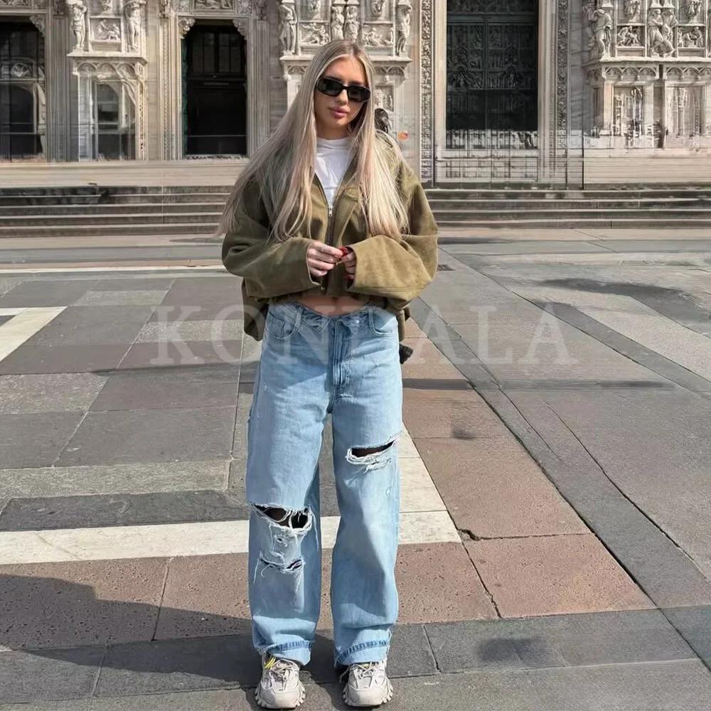 KONDALA 2026 Printemps-Été – Pantalon en jean élégant pour femme, coupe large, déchiré, idéal pour l