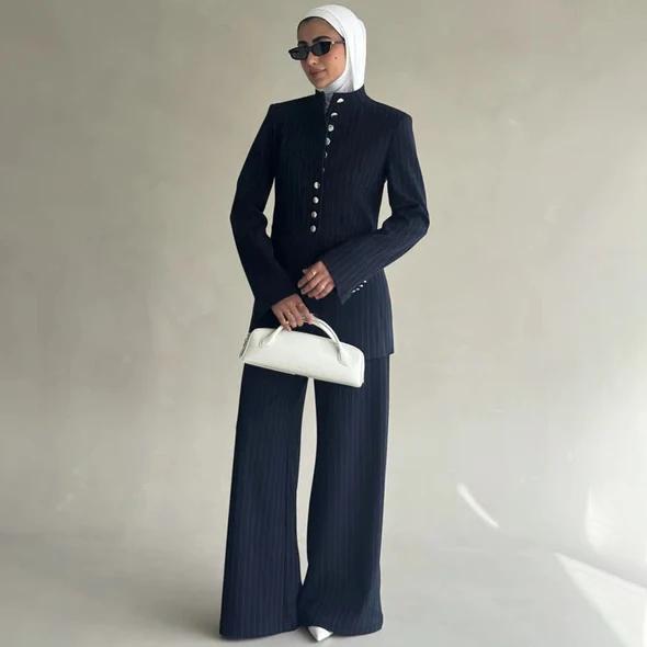 VTKW Nouvelle Collection 2026 – Ensemble Blazer et Pantalon Large Bleu Marine à Rayures Fines pour F