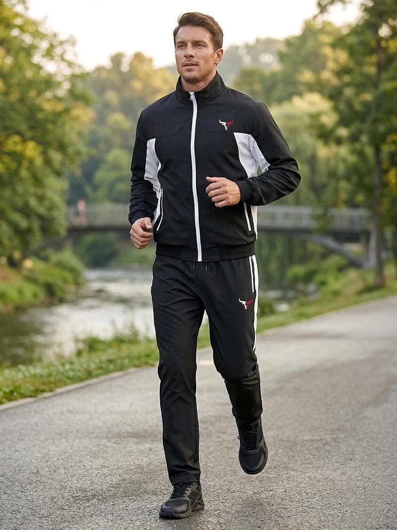 Ensemble de sport Colorblock imprimé taureau pour hommes, col montant d'extérieur, veste zippée, man