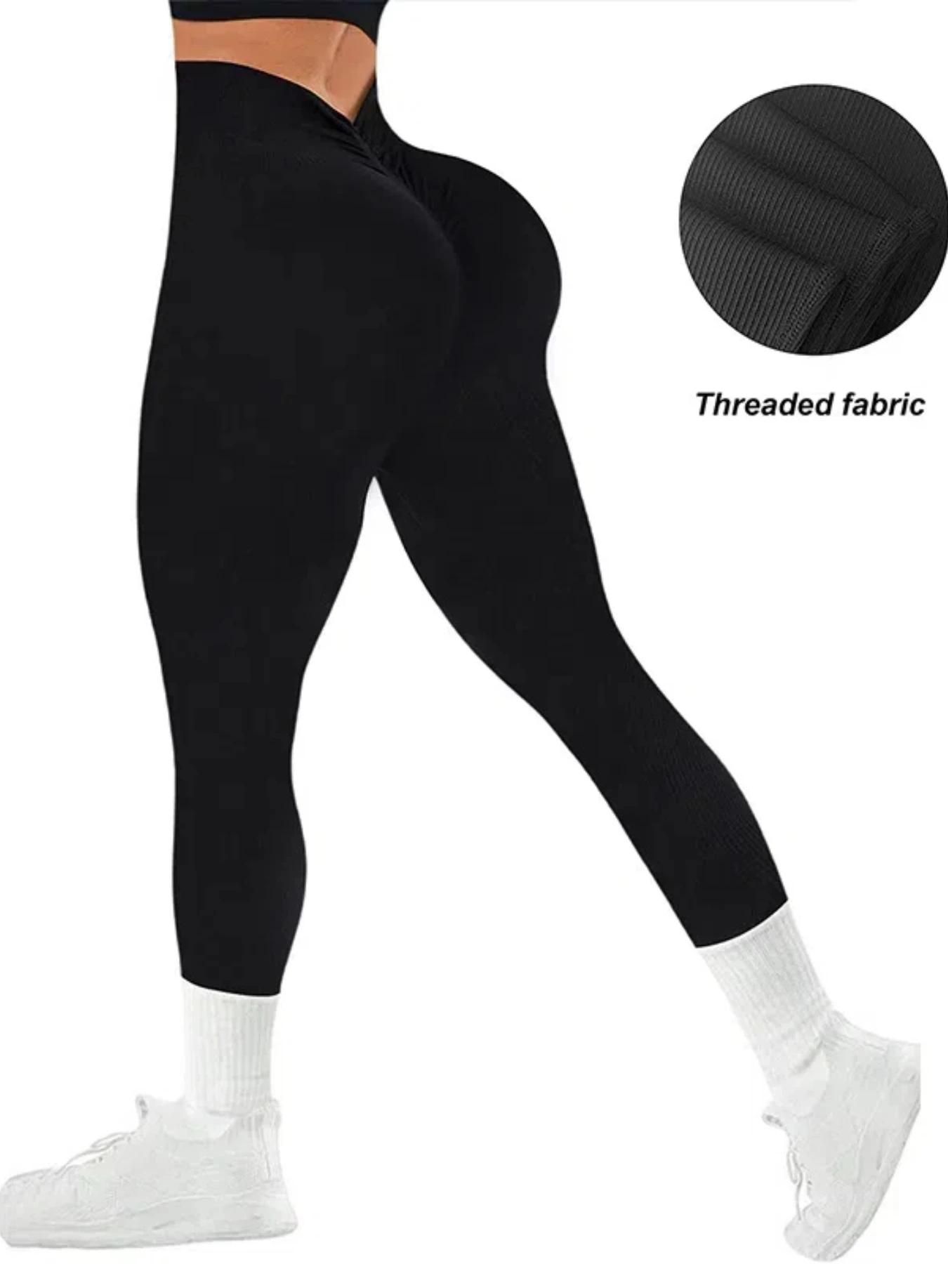 Pantalon de Yoga sans couture, couleur unie, dos en V, taille haute, tricoté côtelé, haute élasticit