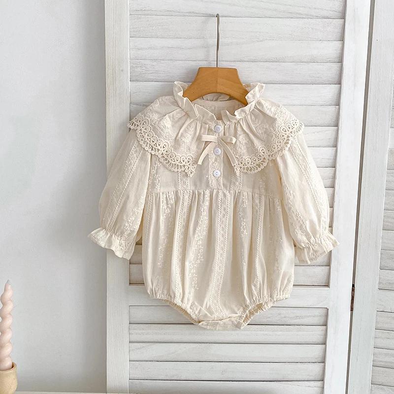 Body pour nouveau-né de 0 à 2 ans, vêtements à la mode, barboteuse en dentelle, col Peter Pan, nœud