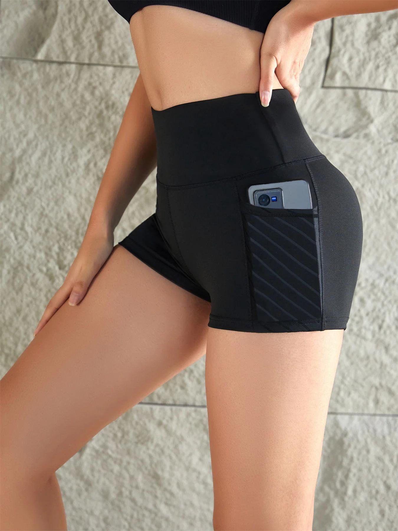 Short de yoga taille haute élastique pour femme - Poche latérale levage hanche course fitness