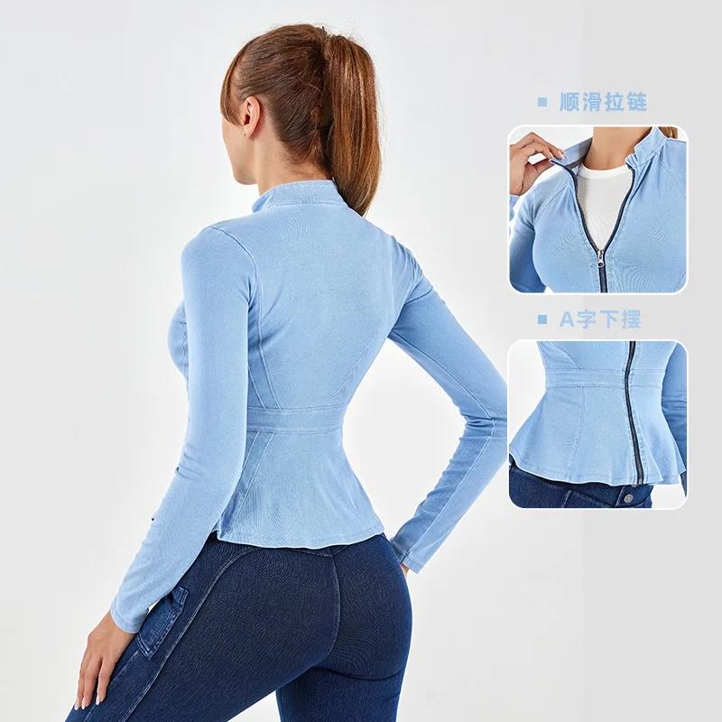 Veste en denim à fermeture éclair pour femme, manches longues, col haut, ourlet trapèze, minceur, yo