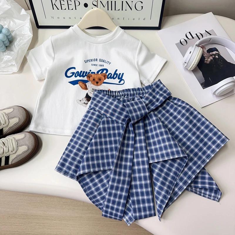 Ensemble de vêtements d'été pour filles, T-Shirt à manches courtes + jupe à carreaux imprimé ours de