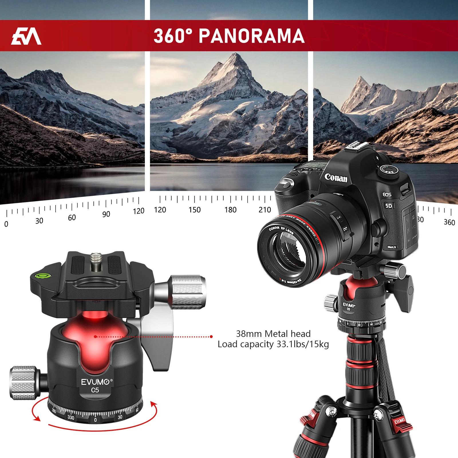EVUMO C5 Tête sphérique professionnelle 38 mm Grande tête sphérique 360 ° Tête de trépied panorami