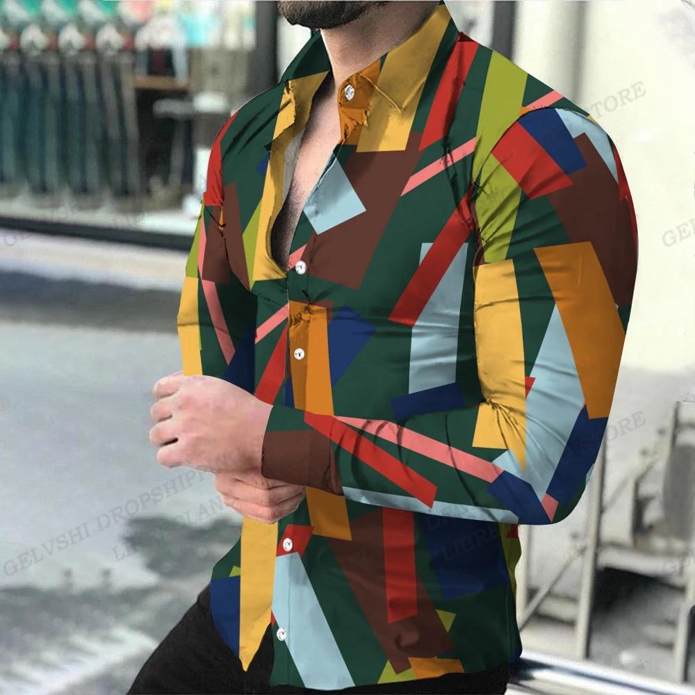 Chemises à thème géométriqueMode pour hommes, chemises décontractées confortables à manches longues,