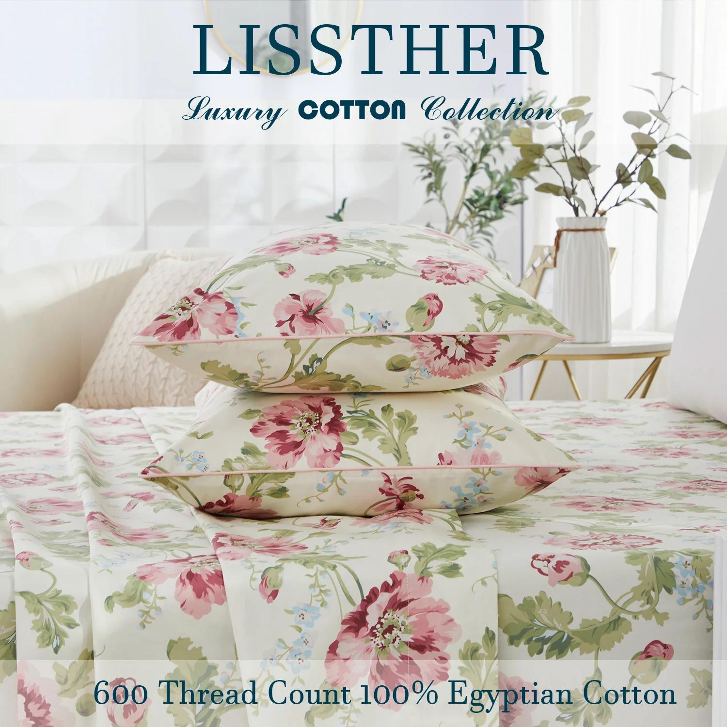 Ensemble de housses de sport en coton égyptien, sans noyau, fleuri, rose et vert, shabby chic, doux