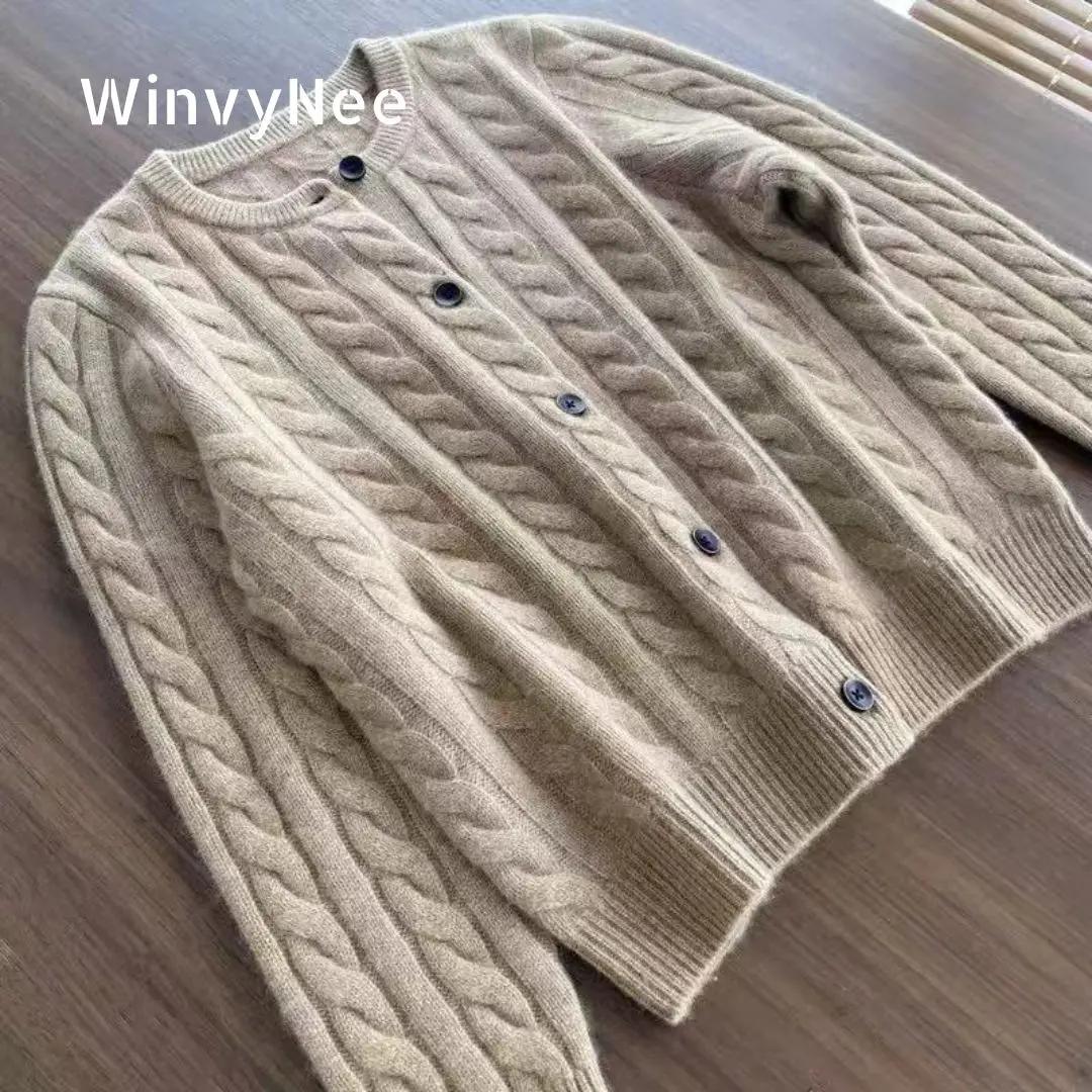 WinvyNee femmes laine mérinos Cardigans pull solide col rond torsion décontracté tricoté hauts hiver