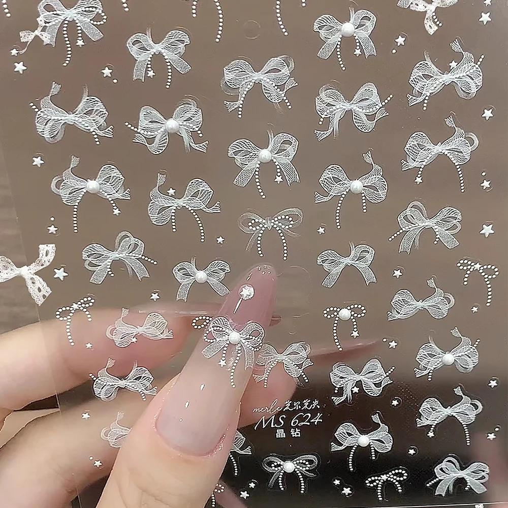 1 pièces 5D blanc dentelle nœud papillon Nail Art autocollant doux perle arc ruban auto-adhésif ongl