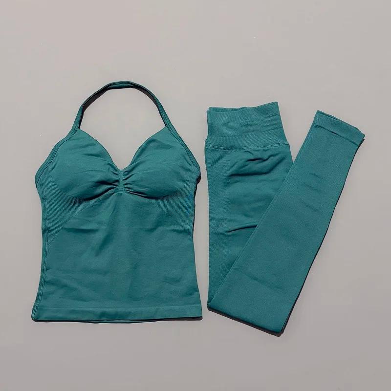 Ensemble de yoga sans couture pour femme : haut dos nu et leggings taille haute froncés aux fesses,