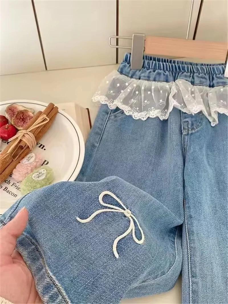 Pantalon en jean brodé avec dentelle pour filles, nouveau jean à nœud brodé, vêtements pour enfants,