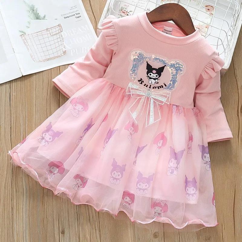 Robe de printemps et d'automne pour filles, en maille, dessin animé Kuromi, robes de princesse à man
