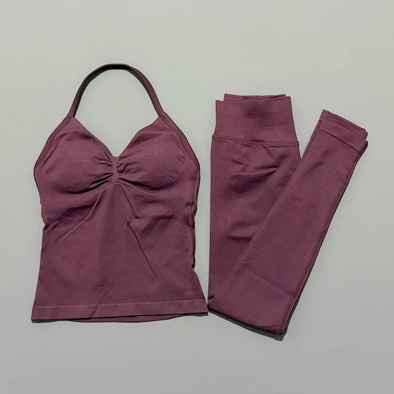 Ensemble de yoga sans couture pour femme : haut dos nu et leggings taille haute froncés aux fesses,