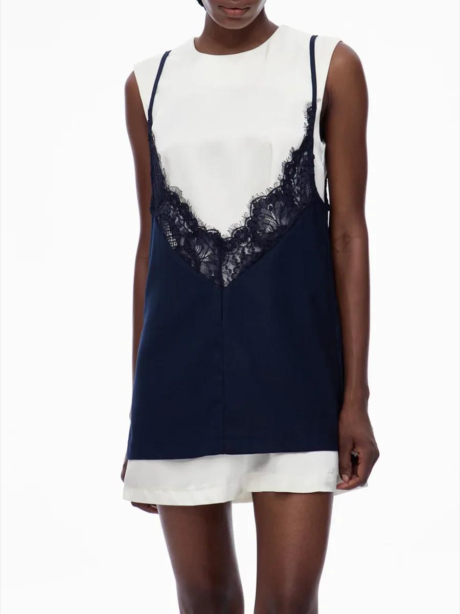 TWOTWINSTYLE Hit couleur épissé dentelle robes décontractées pour les femmes col rond sans manches b