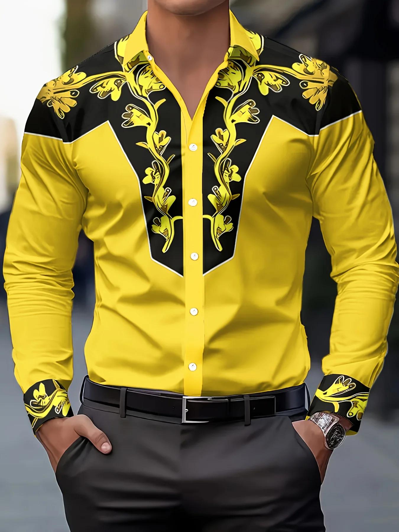 2025 Chemise à manches longues à imprimé floral pour hommes Décontracté Slim Fit Streetwear Chemise