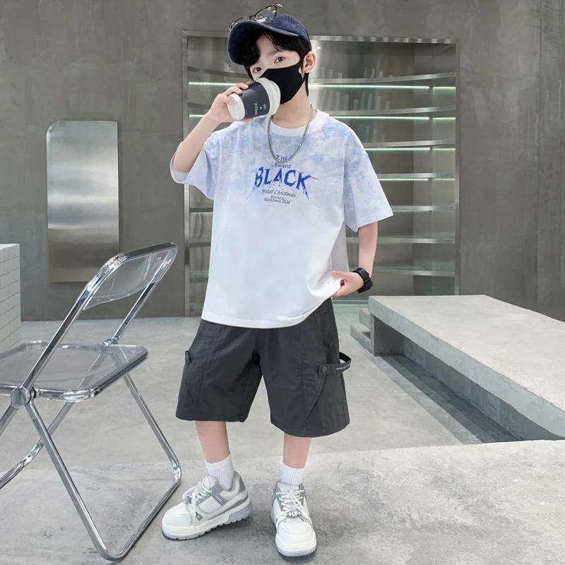 Ensemble 2 pièces d'été pour adolescents : T-shirt tie-dye à col rond et short cargo décontracté – T
