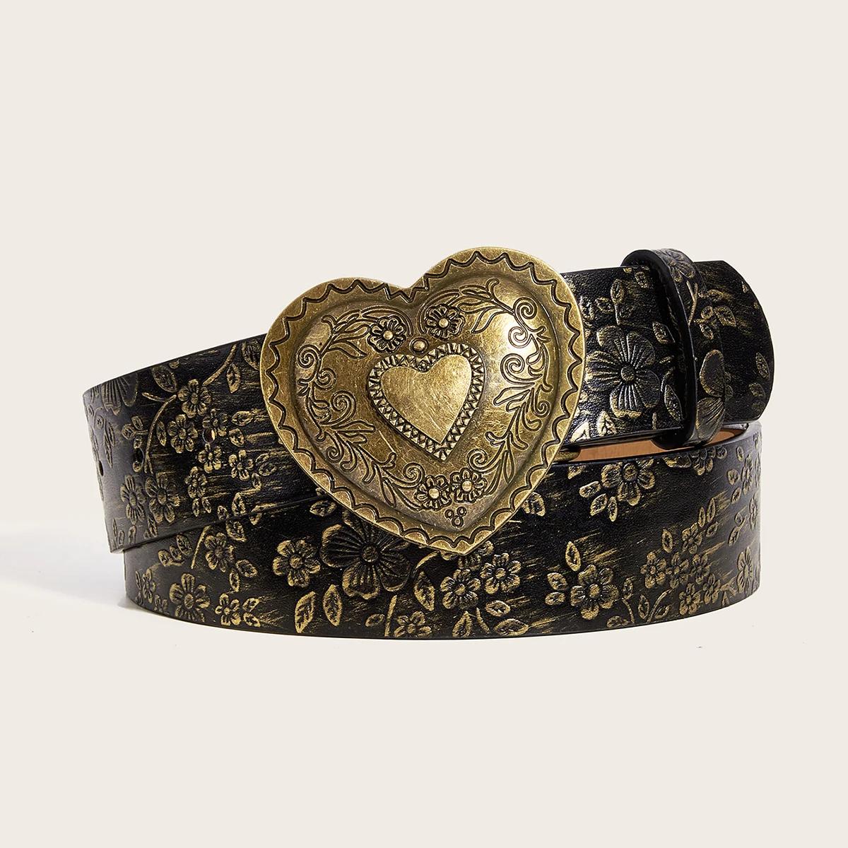 Ceinture en cuir PU à motif de boucle d'amour, jeans décontractés à la mode