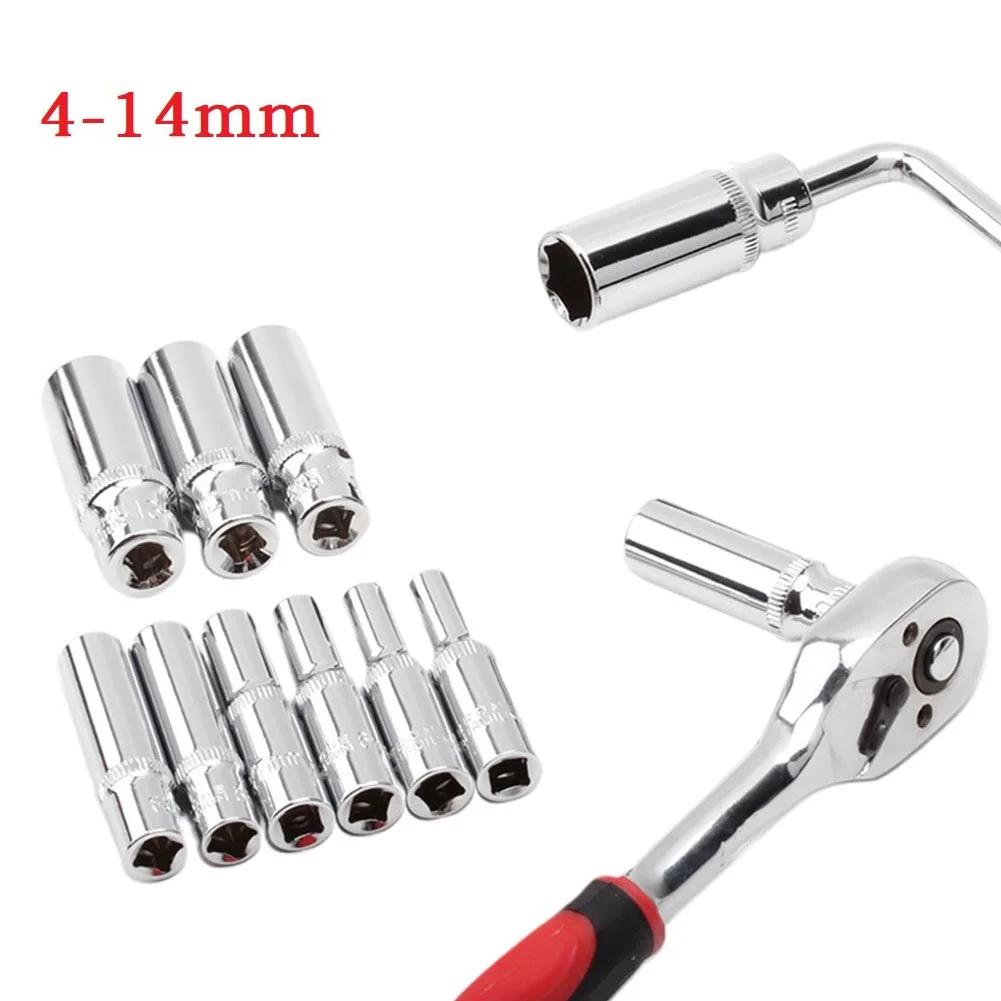 Adaptateur de douille profonde de 4 à 14mm, clé à douille hexagonale de 1/4 pouces, outil à cliquet,