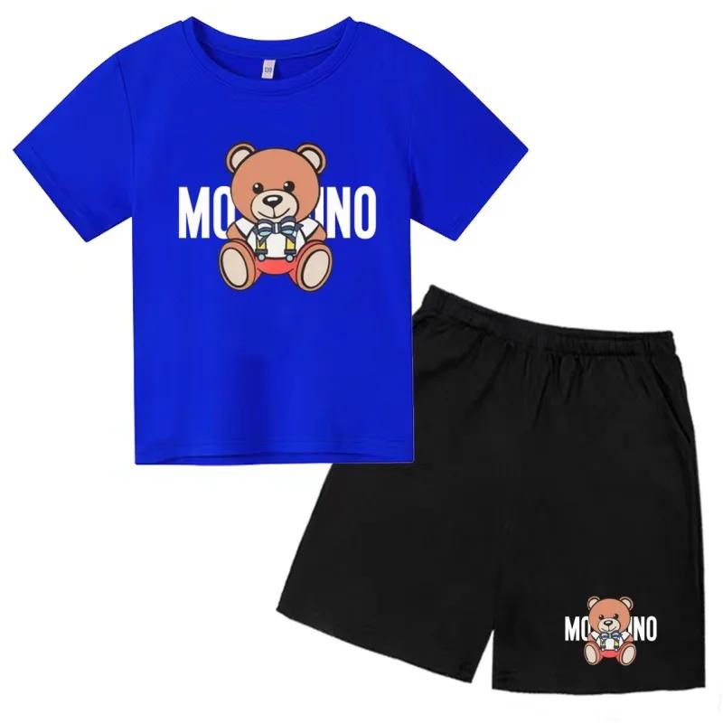 T-shirt d'été à col rond pour enfants, ensemble deux pièces avec imprimé ours Kawaii pour filles et