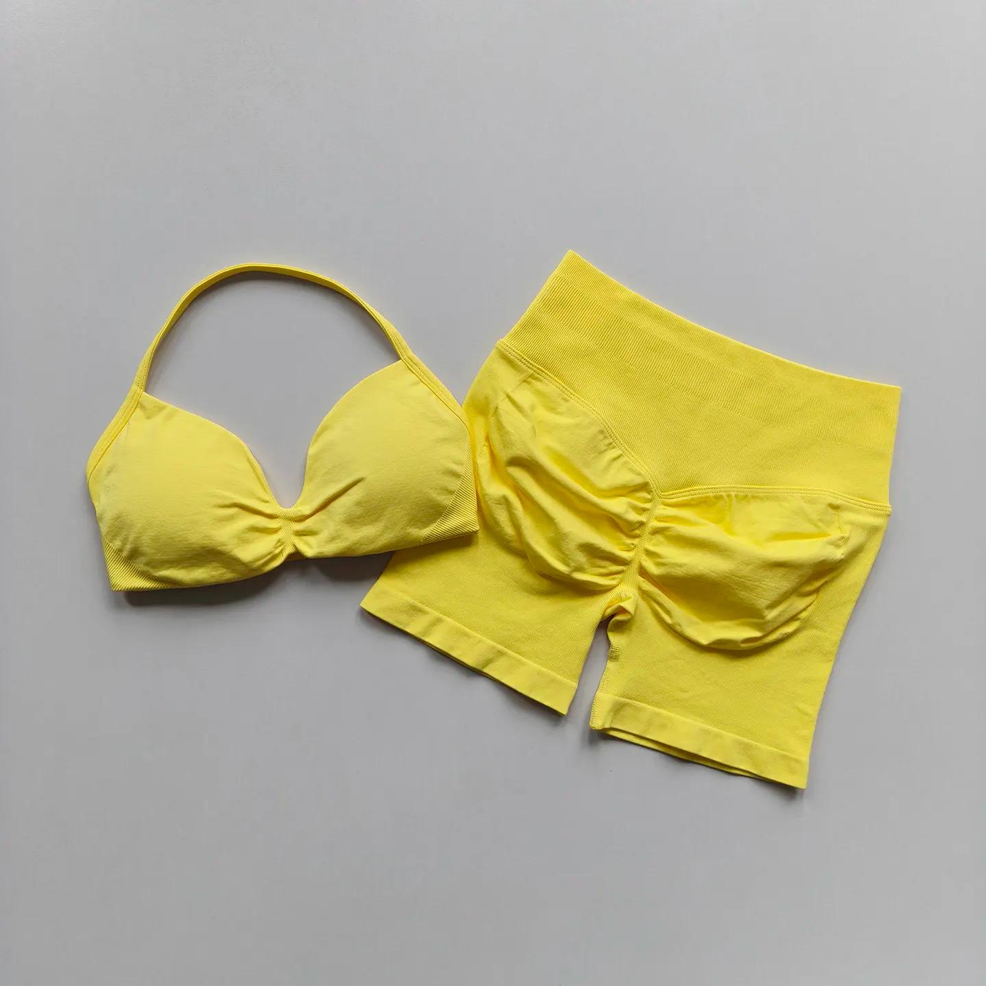 Ensemble de yoga deux pièces sans couture pour femme : soutien-gorge de sport push-up à col halter e