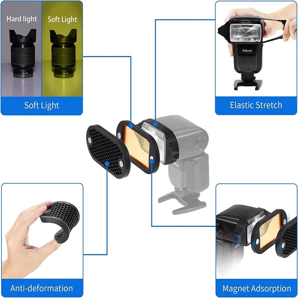Selens – diffuseur de Flash 2 en 1, grille universelle en nid d'abeille, Kit de Gels 7 couleurs magn