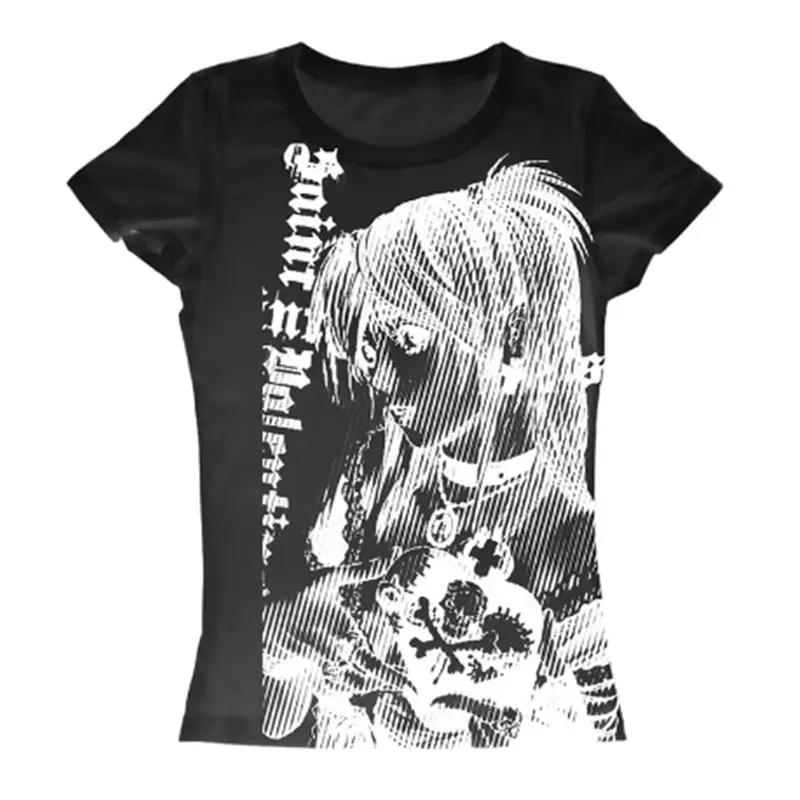Y2k anime Streetwear col rond 90s texte impression hauts femmes Harajuku vêtements Simple Vintage T-