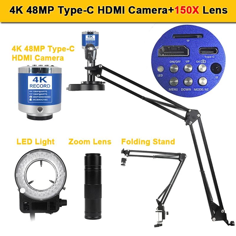 Microscope à souder avec objectif Zoom 1-150X HD 4K 48MP 1080P, caméra industrielle Type C HDMI, Mic
