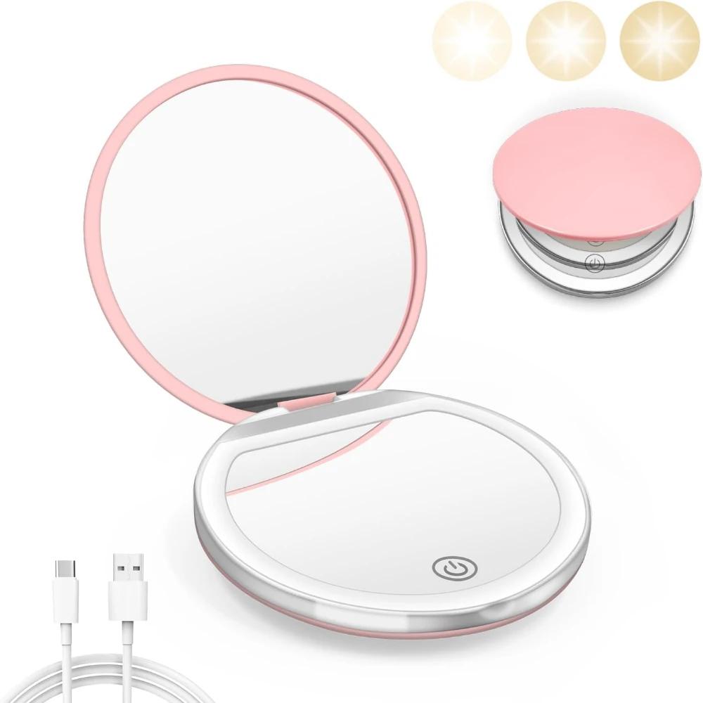 Miroir compact avec lumière, miroir de poche LED grossissant 1X/3X avec câble de données USB, mini m