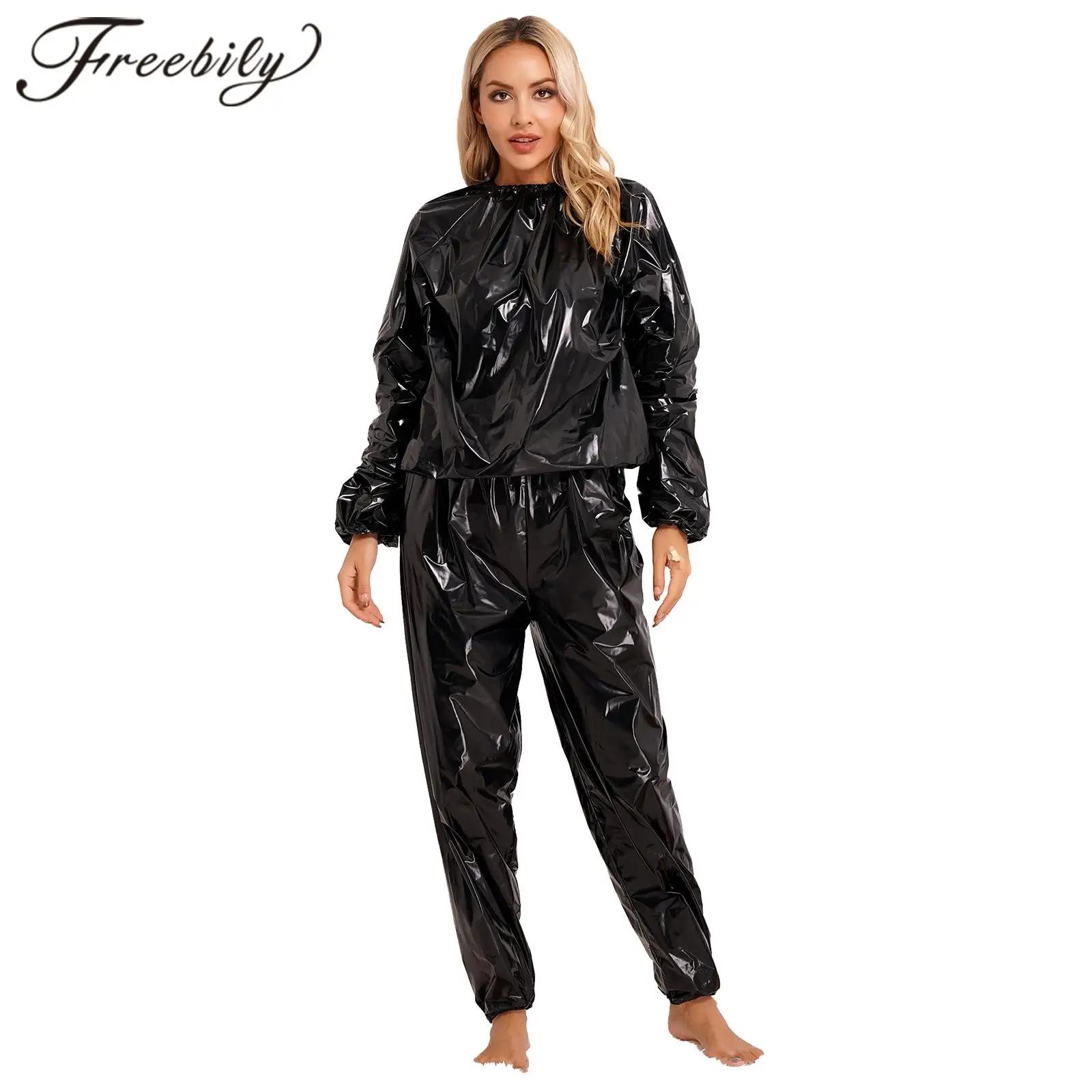 Combinaison de Sauna en PVC pour femmes, 2 pièces, manches longues, manchette élastique, haut et pan