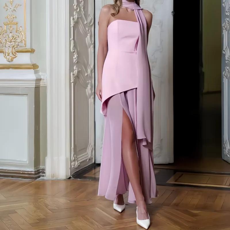 Robe de soirée élégante sans bretelles avec corset, jupe asymétrique en mousseline et châle – Robe d