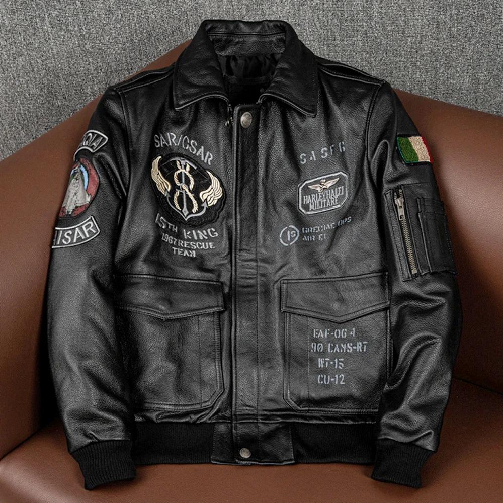 Blouson aviateur en cuir véritable brodé pour hommes, veste Air Force, manteau de moto, vêtements de