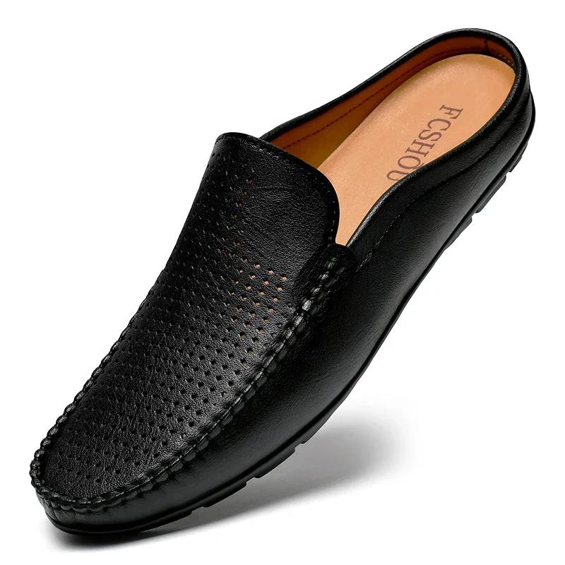 Demi-chaussures d'été pour hommes, Mules en cuir perforé, pantoufles décontractées à enfiler, mocass