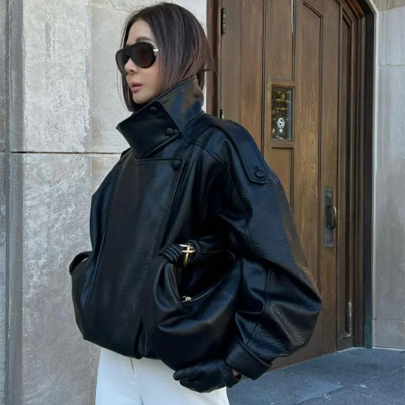 HXAO veste noire manteau femme veste en simili cuir vêtements d'extérieur Demi-saison Bomber Moto Bi
