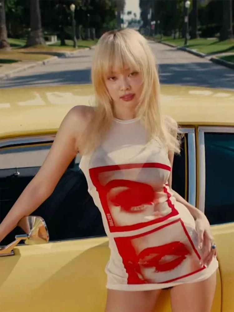 Bizarre Puss Lip Print Femmes Longs Tops Sexy Y2K Hipster Mince O-cou Sans Manches Sauvage De Base S