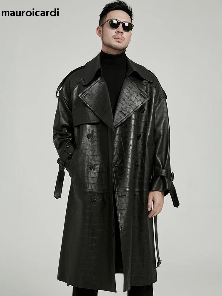 Mauroicardi printemps automne longue noir Crocodile imprimé Pu cuir Trench manteau hommes ceinture D