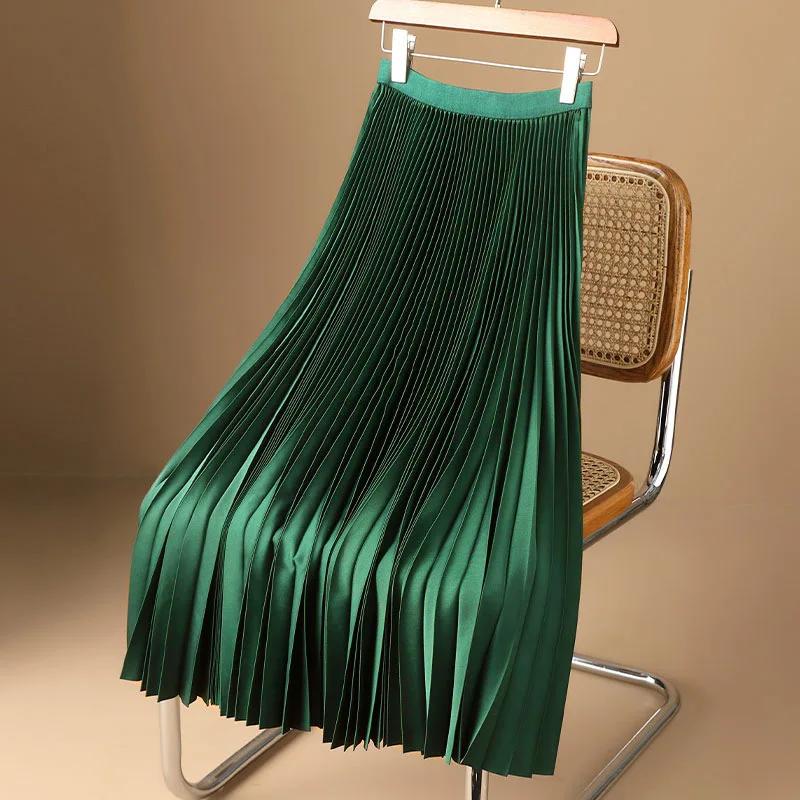 Jupe mi-longue plissée taille haute pour femme, jupe trapèze, jupe longue, satin lisse, ceinture éla
