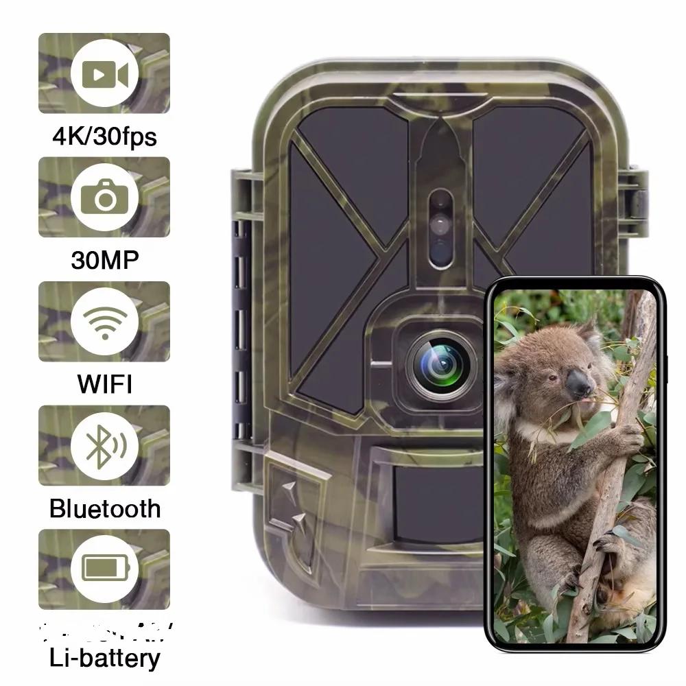 Caméra de chasse 4K avec diffusion en direct, 30MP, WiFi, Bluetooth, sans réseau 4G, avec batterie L