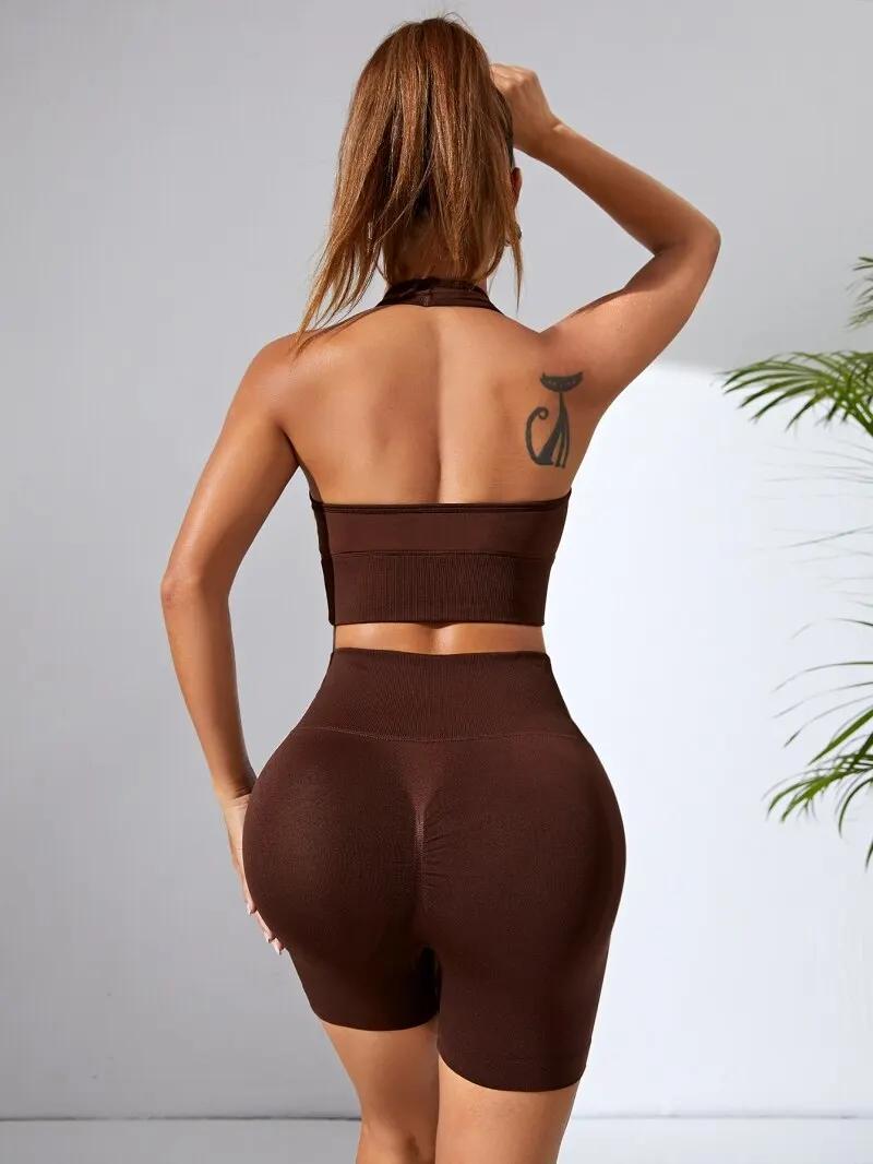 Ensemble fitness sexy 2 pièces sans coutures - Soutien-gorge sport + shorts yoga hip lift