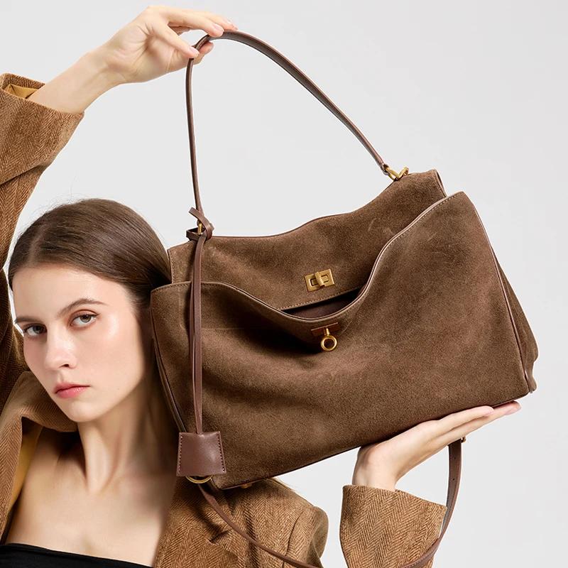 Sac à main en daim et cuir véritable pour femmes, sac à bandoulière de grande capacité, fourre-tout