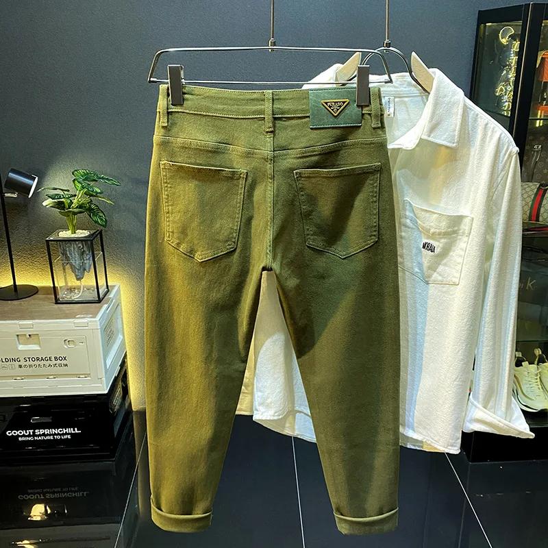 Jean vert rétro haut de gamme pour homme, coupe slim, pantalon long, denim décontracté, extensible,