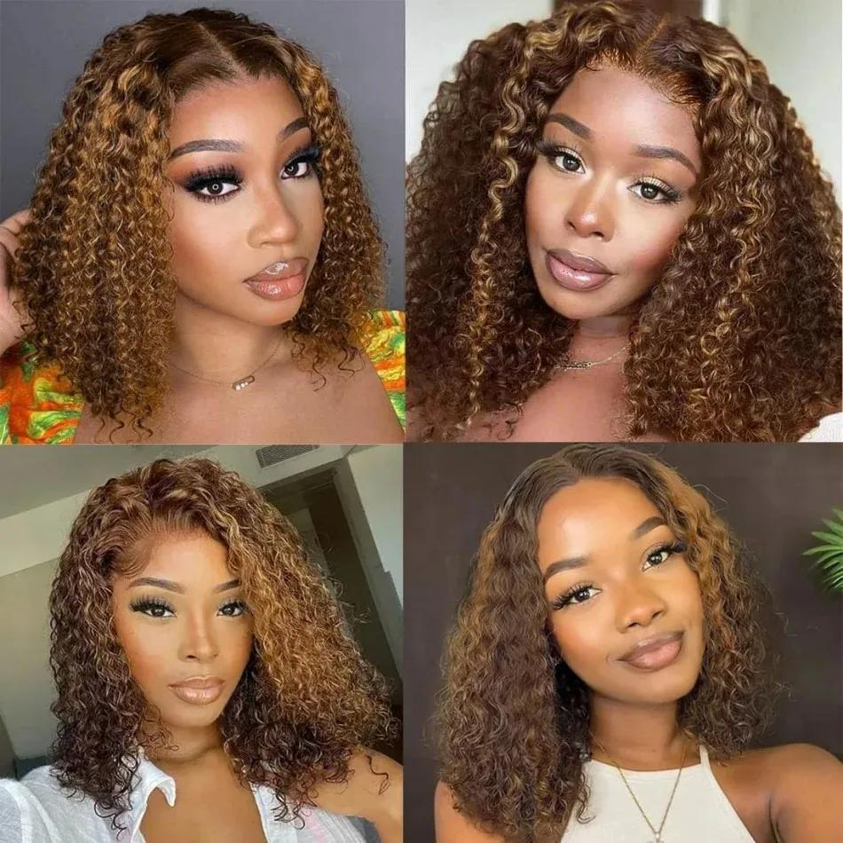 Perruque Bob Ombrée Highlight en Cheveux Humains, Perruque Courte Bouclée Blonde Miel avec Fermeture