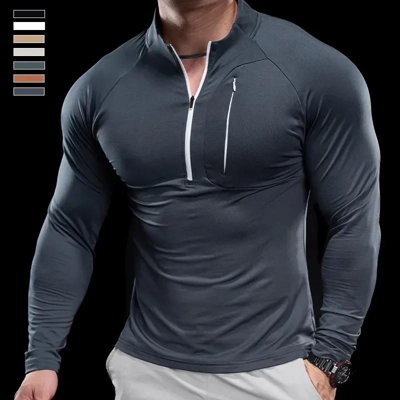 T-shirt à manches longues et col rond pour homme, vêtement de sport, de gymnastique, de course, d'en