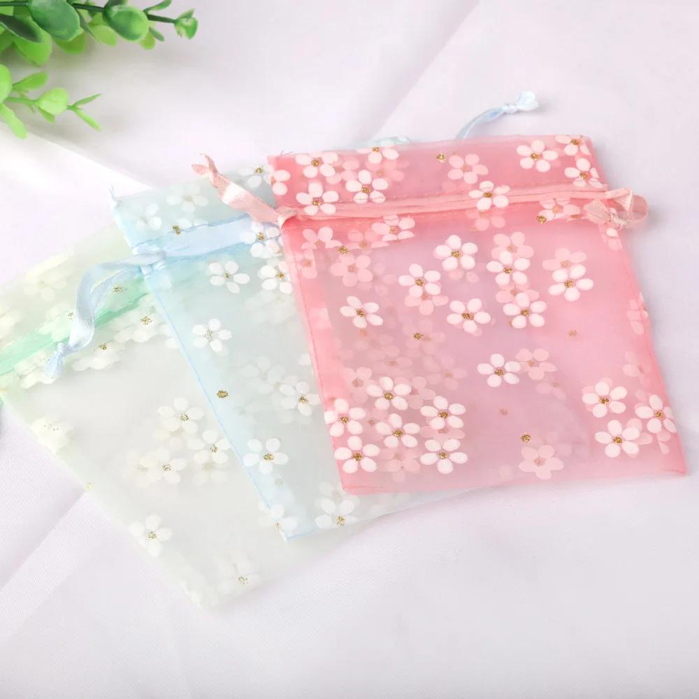 Sacs en Organza de couleurs claires, 10 pièces, 10x14cm, 13x18cm, 16x23cm, impression de fleurs, emb