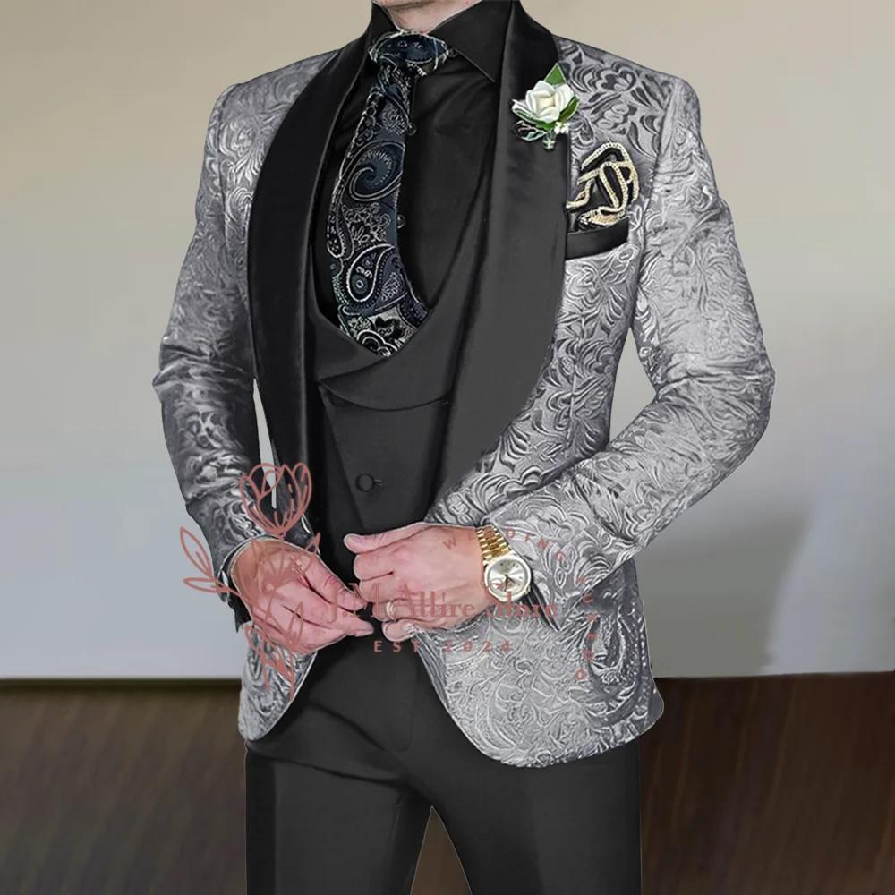 Costume jacquard gris argenté pour hommes, ensemble 3 pièces, veste en satin noir, gilet, pantalon,