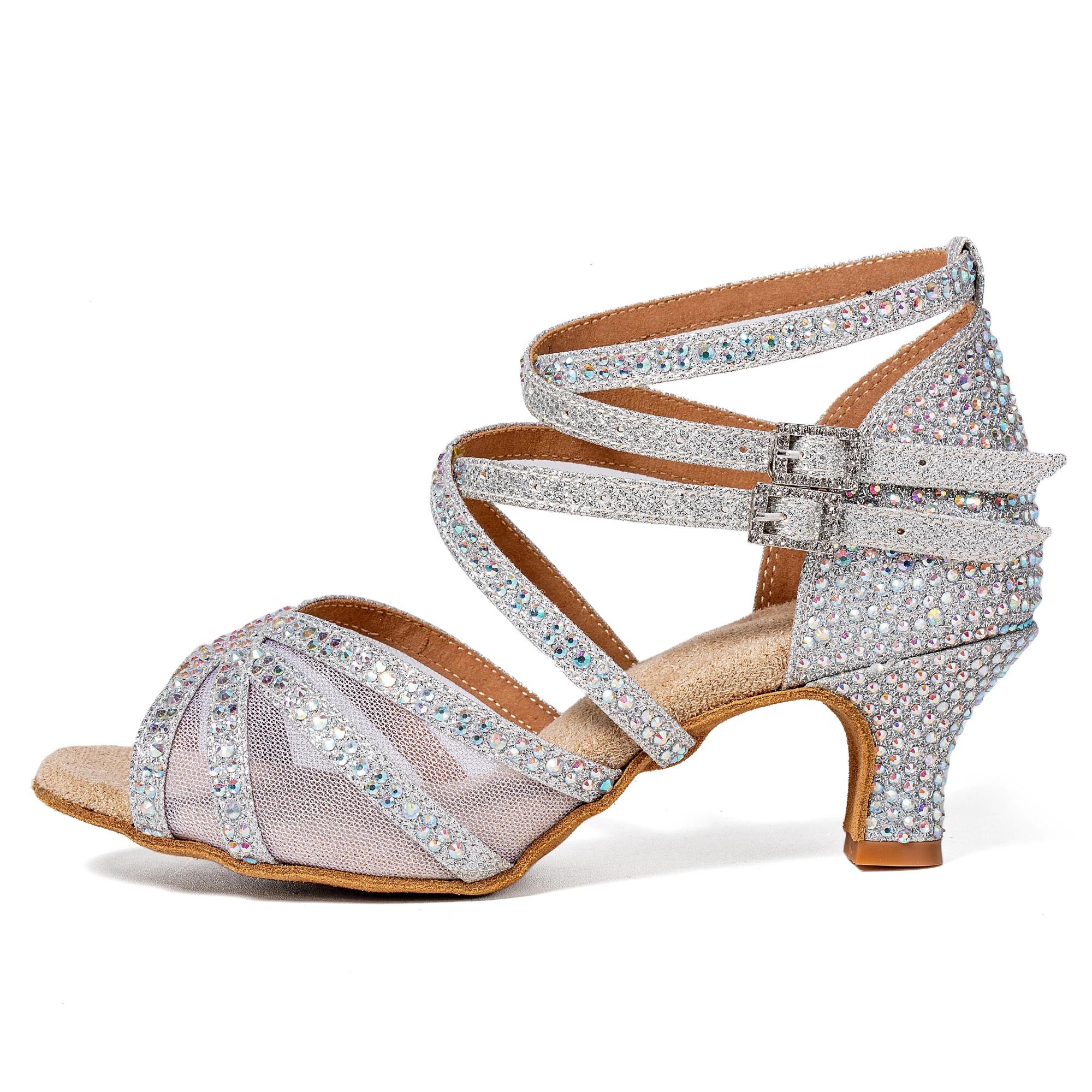 Chaussures de danse latine pour femmes adultes, paillettes argentées, talon de 5.5cm, quatre sangles