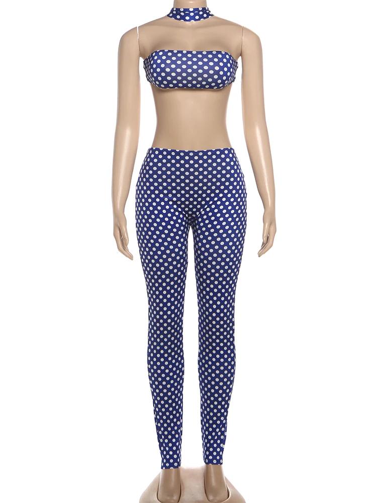 Nibber Hottie Femmes Dot Imprimer 2 Pièce Ensemble Survêtement Sexy Dos Nu Halter Débardeurs + Leggi
